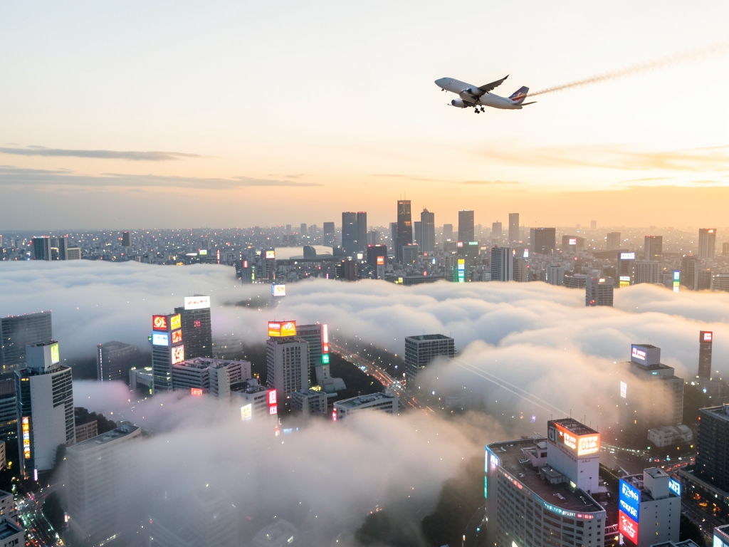 Soft dawn mist clings neon lit skyline Tokyo commercial