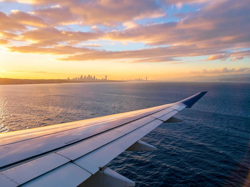 Airplane wing over vast Pacific Ocean golden sunset