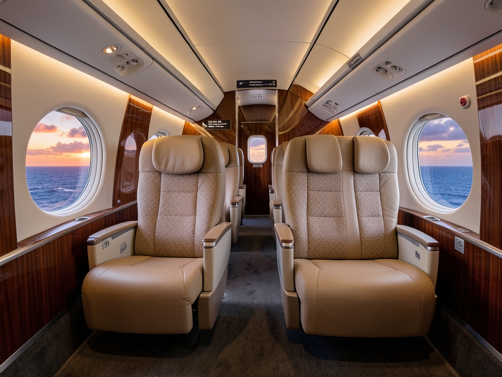 Spacious airplane business cabin with lie flat seats warm