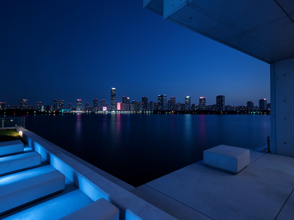 Twilight silhouette Tokyo skyline across dark water with