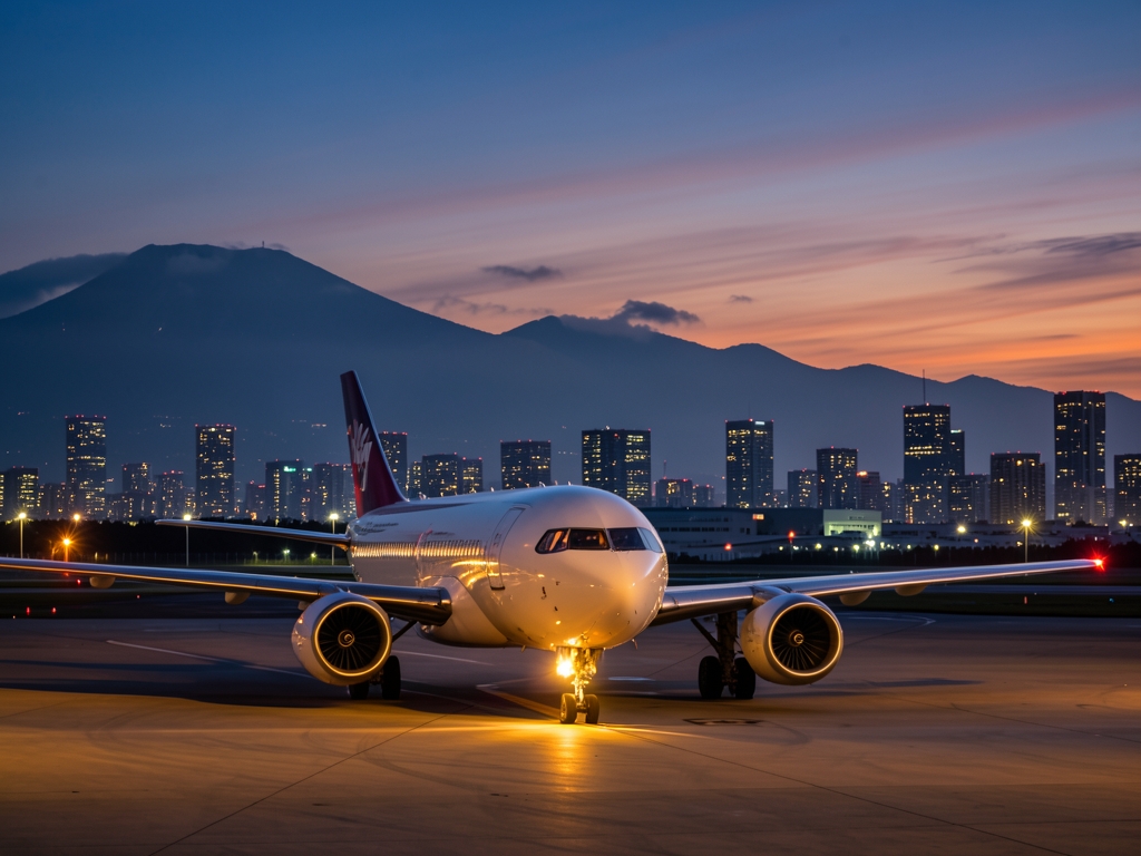 sleek commercial rests tarmac Tokyo Narita during twilight