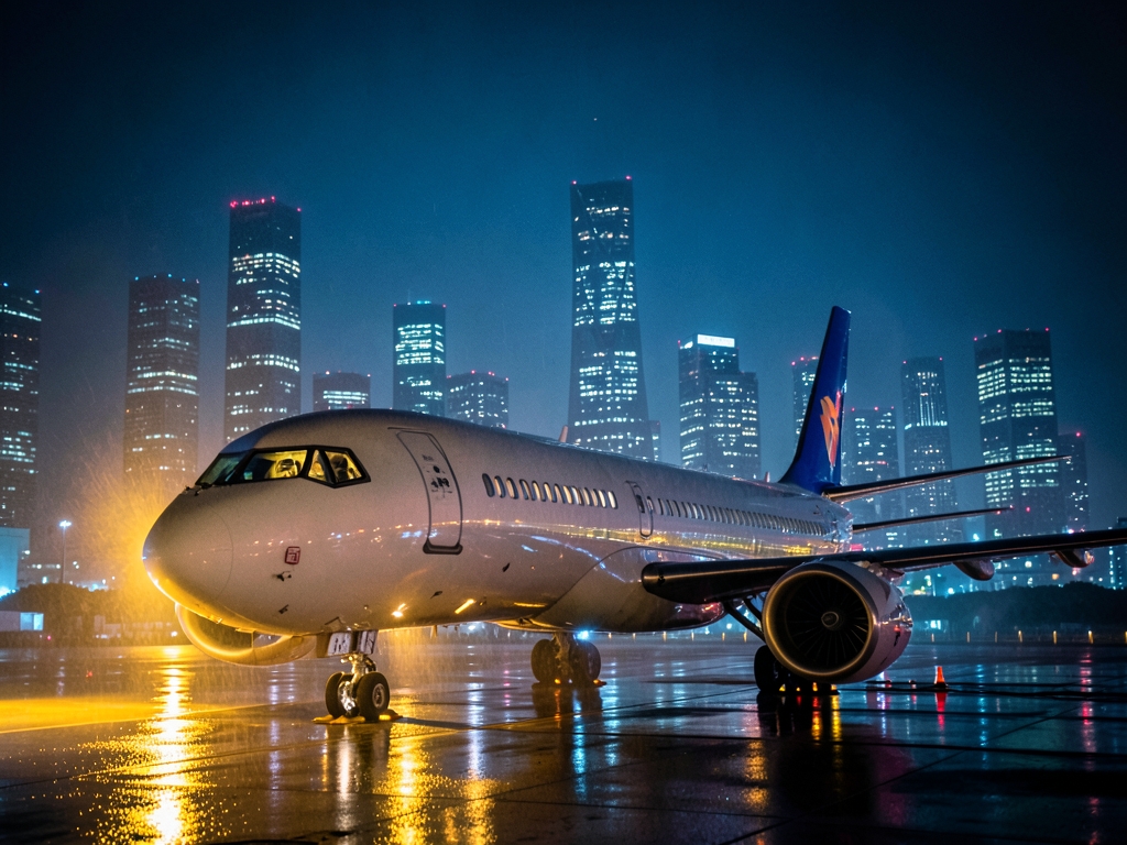sleek commercial rests tarmac night Tokyo fuselage reflecting