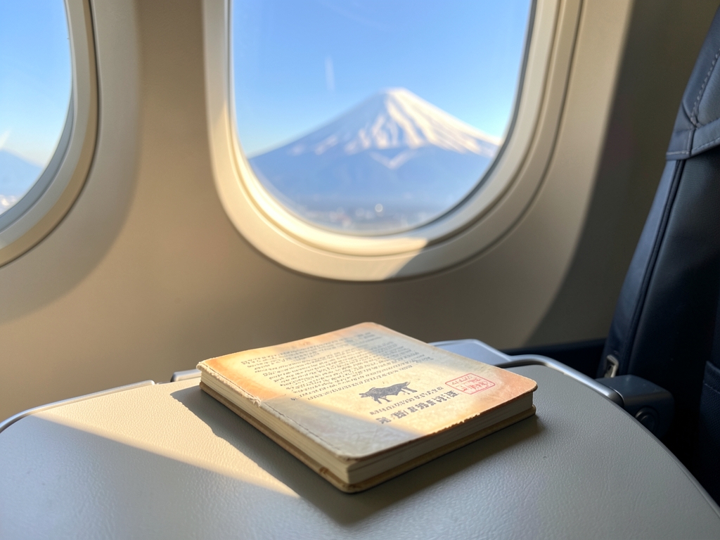 Sunlight streams through window airplane cabin illuminating passport
