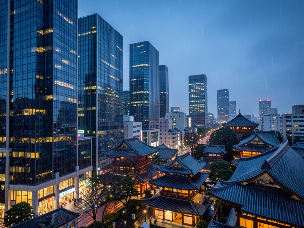 Evening Tokyo skyline sleek glass towers curved temple