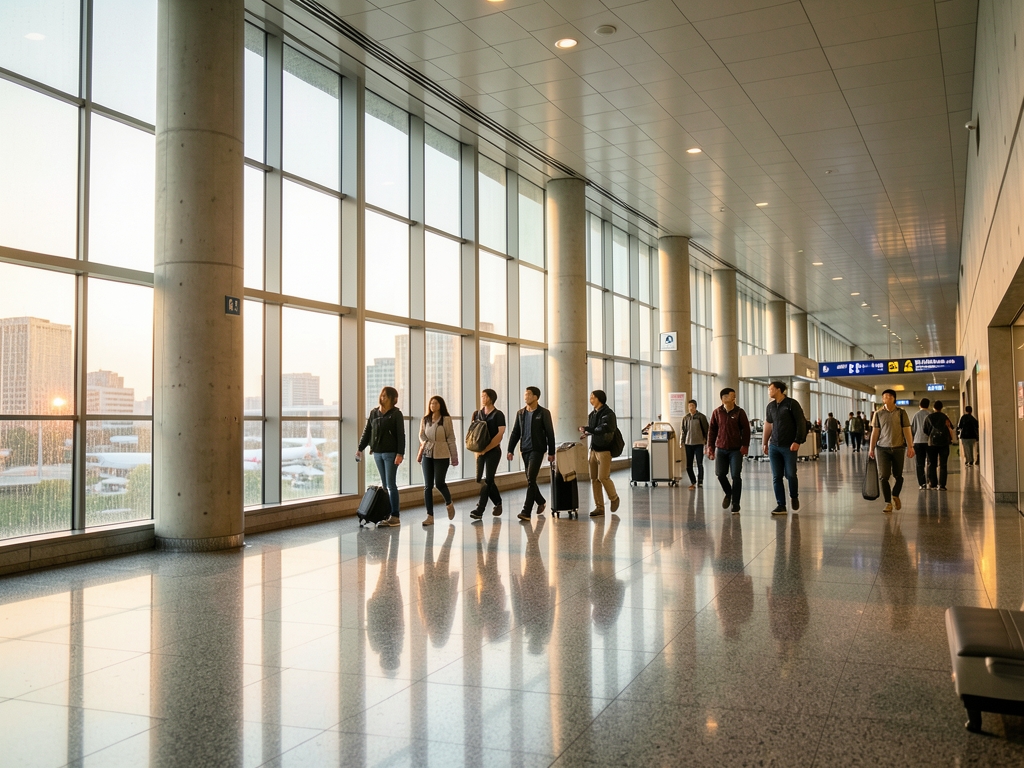 quiet Tokyo airport arrival hall dawn polished floors