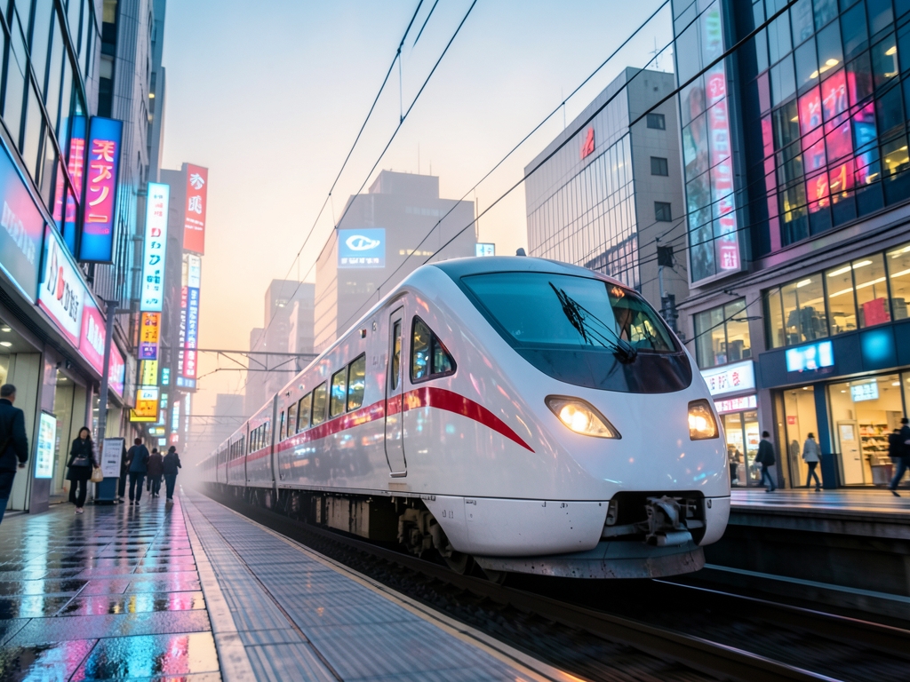 high speed Shinkansen train glides through misty neon lit streets