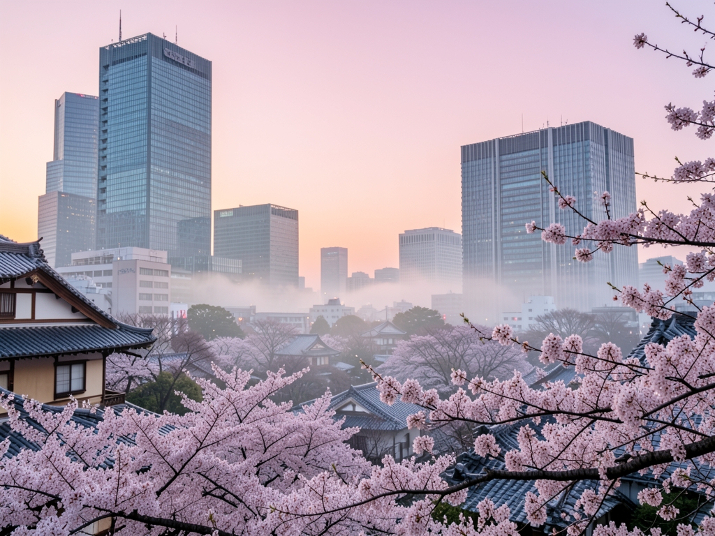 Tokyo cityscape soft dawn with modern towers beside