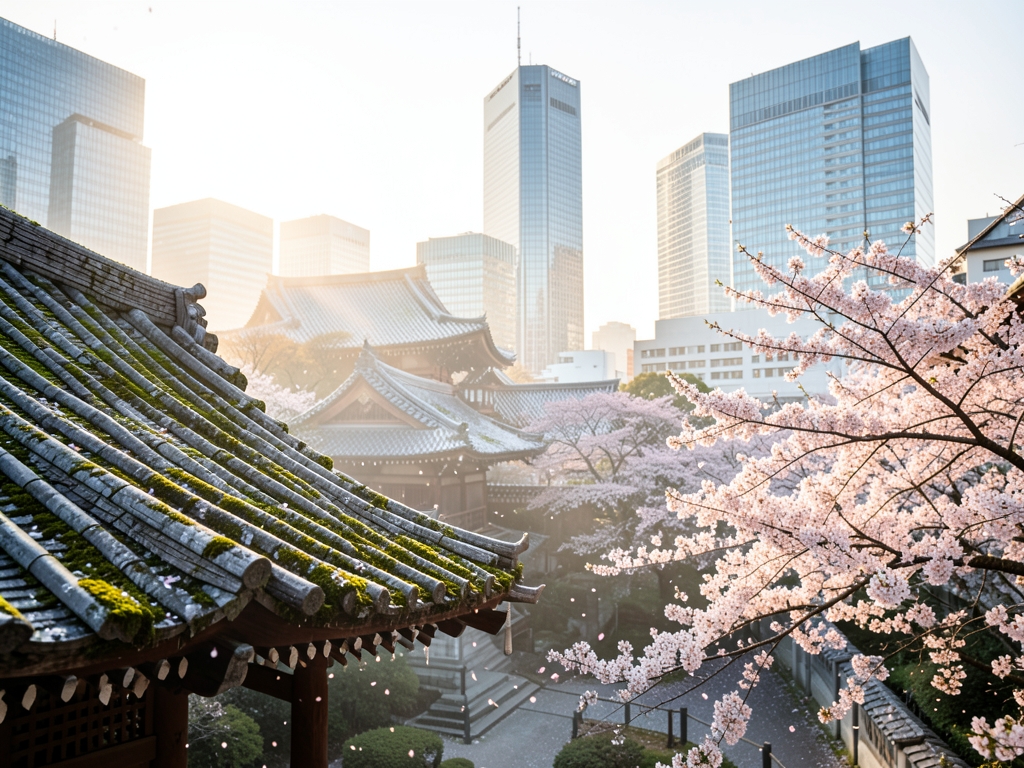 Soft morning mist over Tokyo wooden temple rooftops