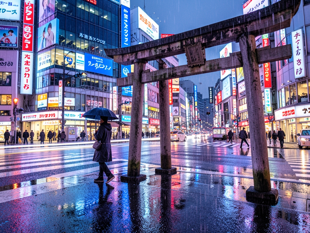 Rain slicked asphalt mirrors neon glow Tokyo s Shibuya crossing