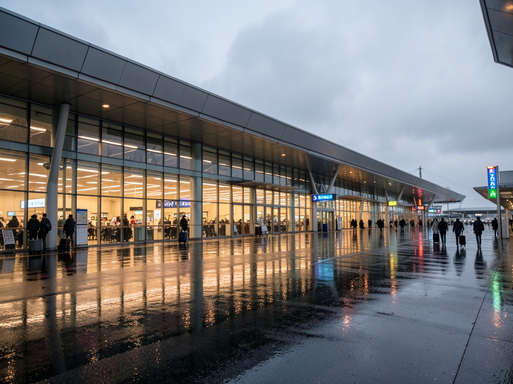 quiet Tokyo airport exterior dusk rain darkened pavement reflecting