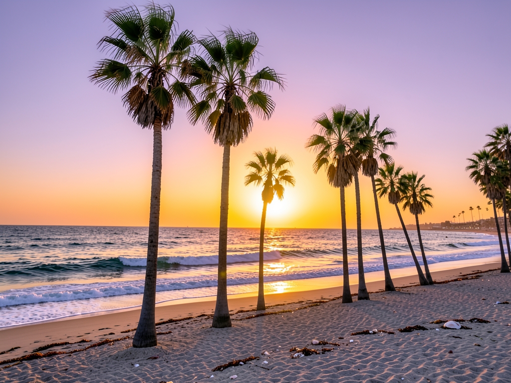 Angeles coastal beach with tall palm trees warm