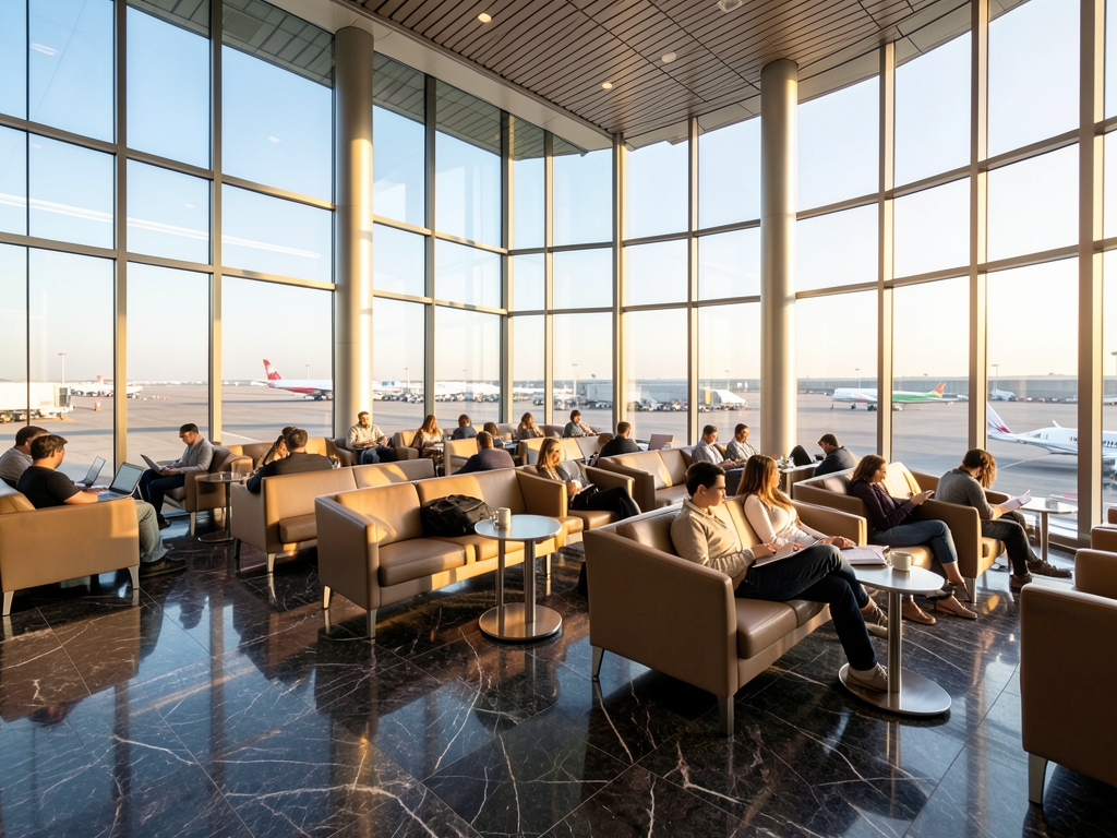 Sunlight streams through large terminal windows onto polished