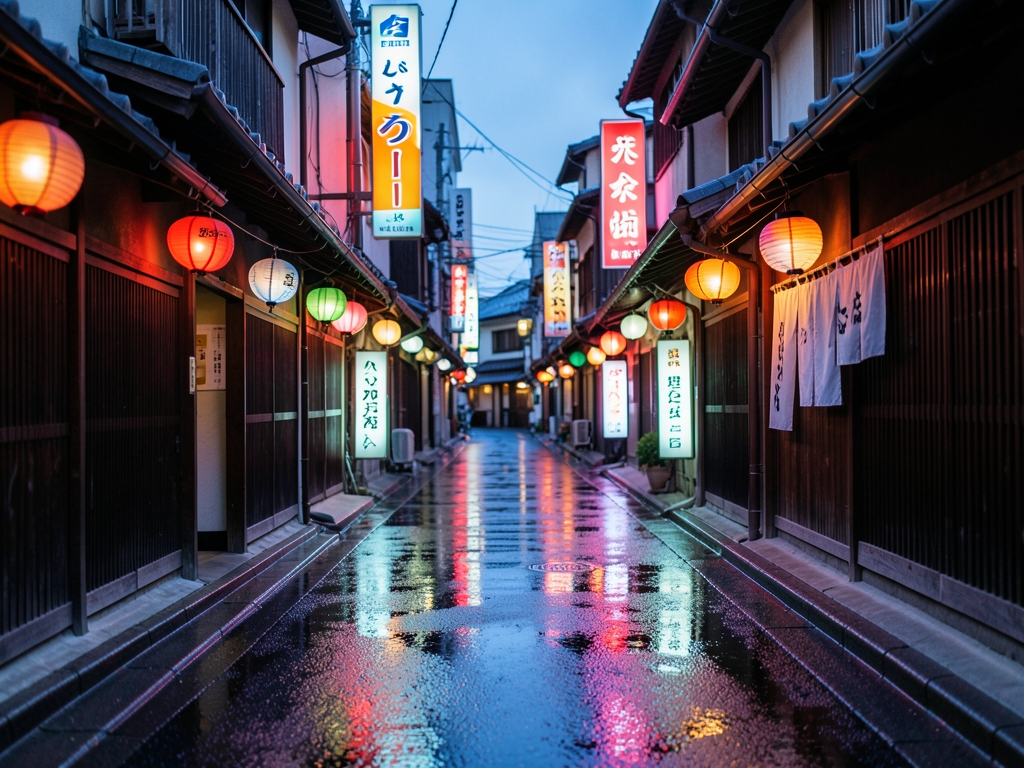 Rain slicked neon reflections dance pavement quiet Tokyo alleyway