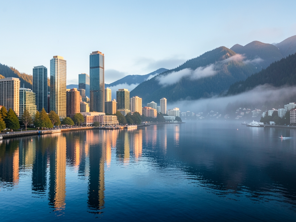 Morning light over misty Vancouver harbor with glass