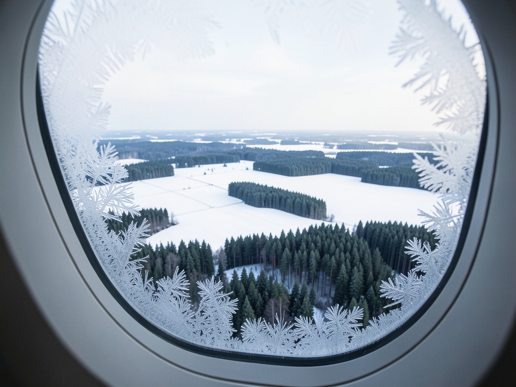 View from airplane window over snow covered Polish countryside