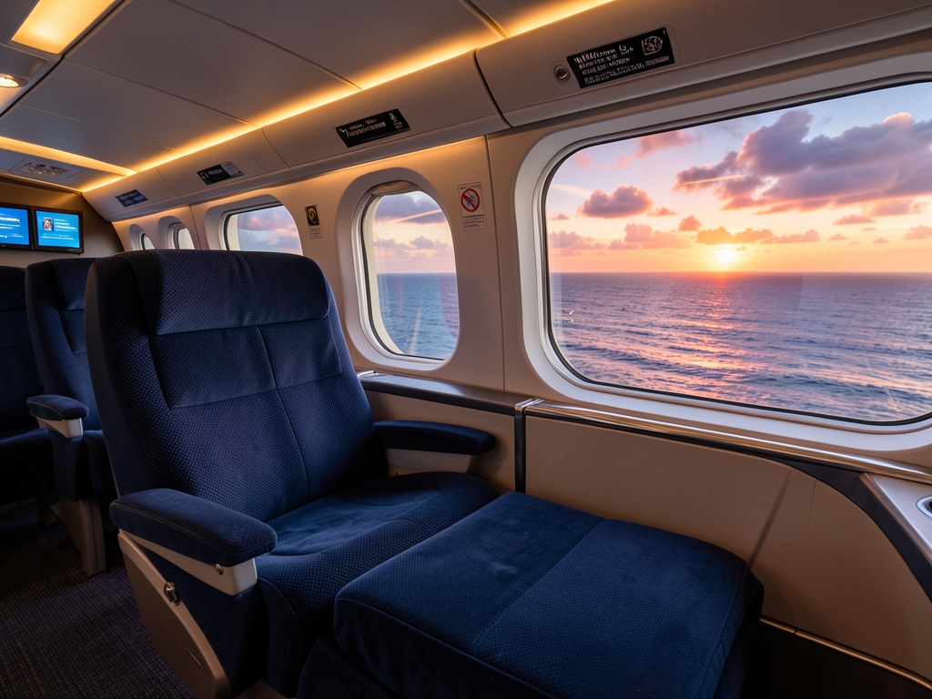 Business class cabin interior with lie flat seats soft warm
