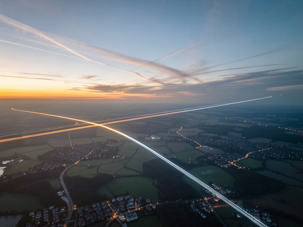 Aerial view parallel flight paths over muted European
