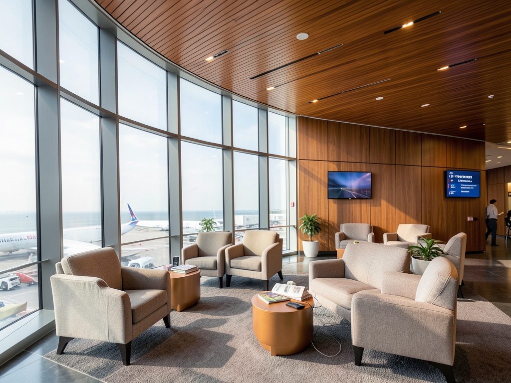 Modern airport lounge with curved glass walls warm