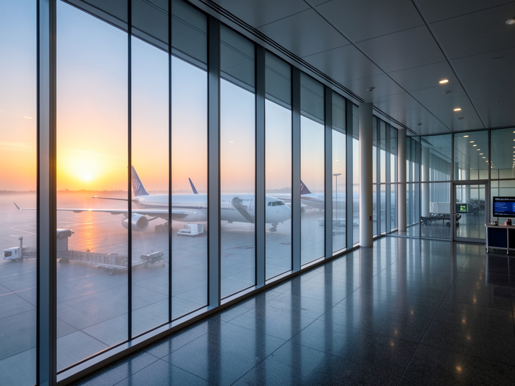 Modern airport terminal with floor to ceiling glass overlooking misty