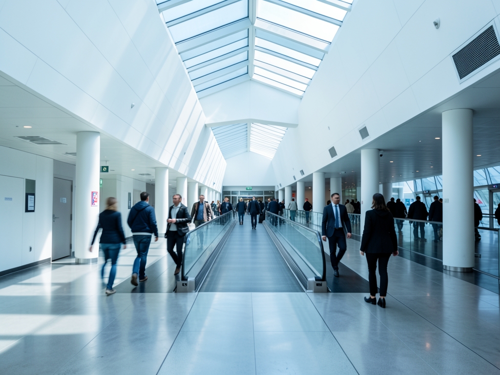 Frankfurt airport transit corridor with minimalist white architecture
