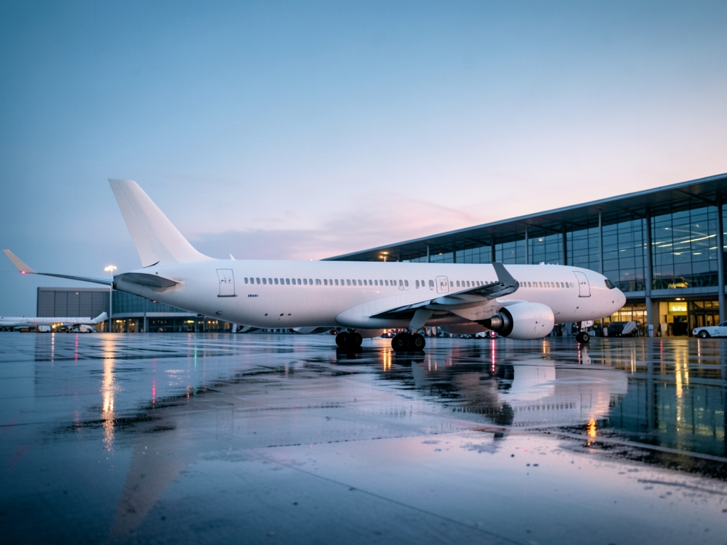 Sleek white wide body aircraft rain slicked tarmac Frankfurt airport