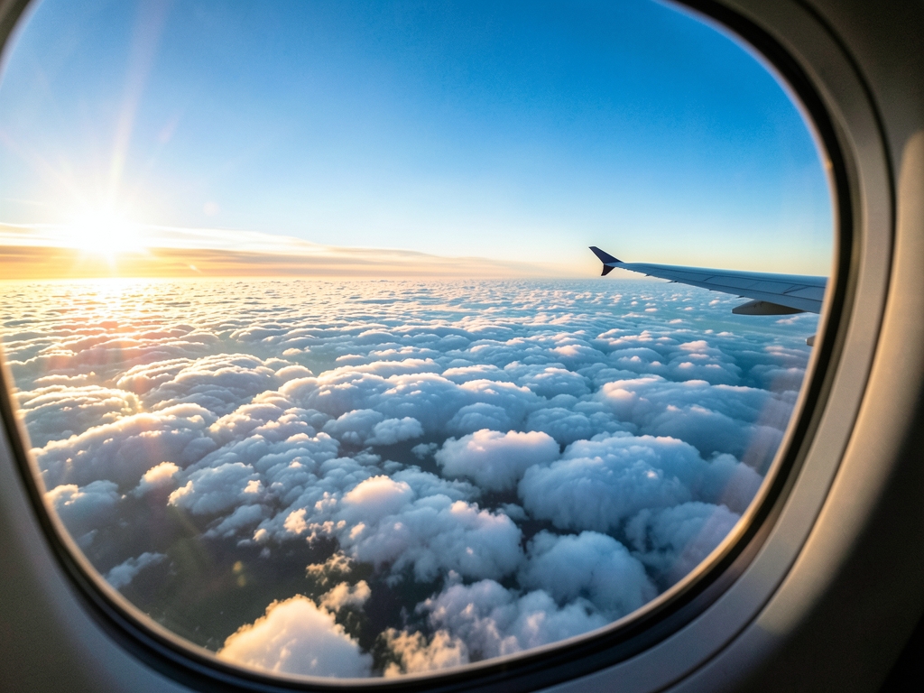 Long haul flight above clouds sunrise distant wingtip silhouette