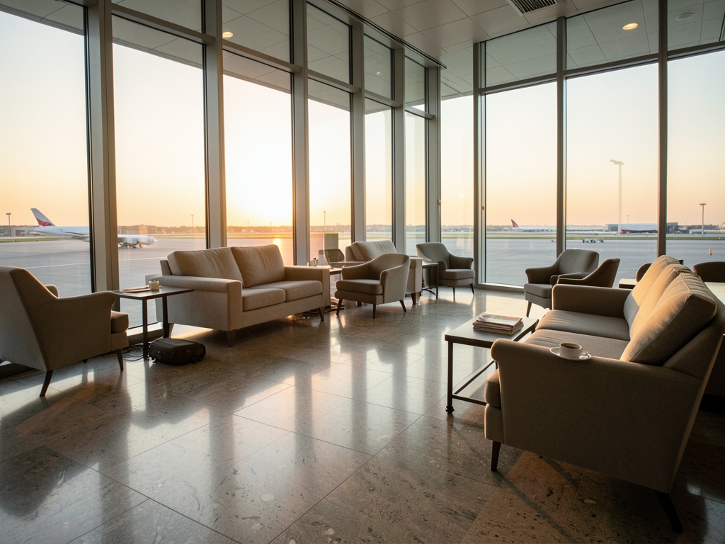 Empty airport lounge sunrise with polished stone floors