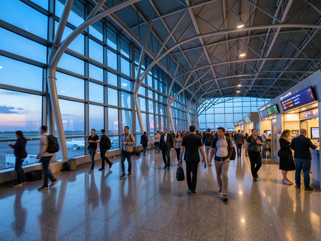 Glass walled airport terminal dusk with travelers walking beneath