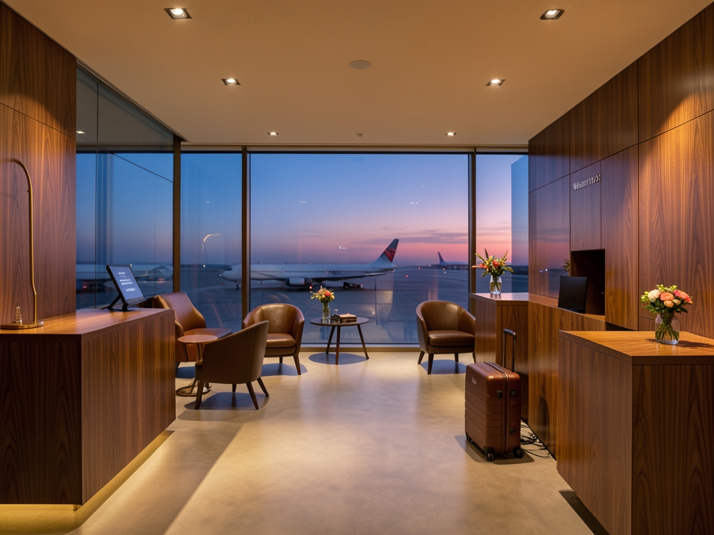 Minimalist check in lounge with warm walnut wood textures