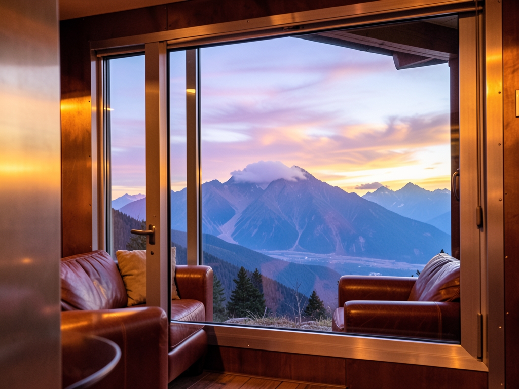 Cabin view through window showing soft twilight clouds