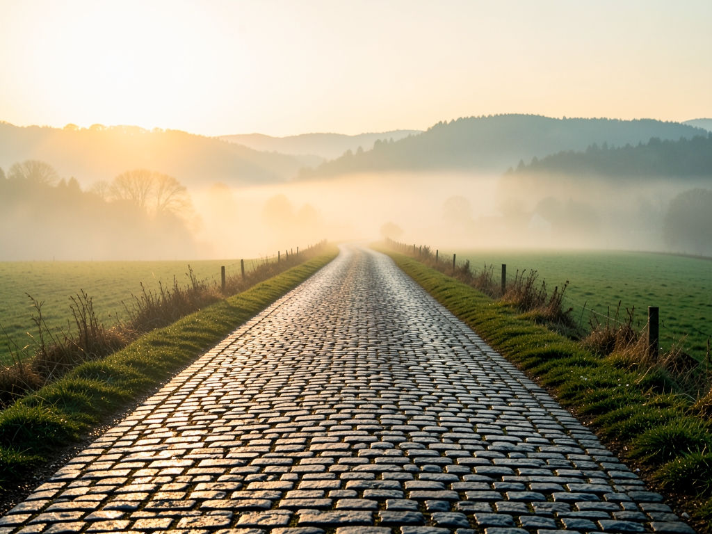 misty European countryside dawn single winding road disappearing