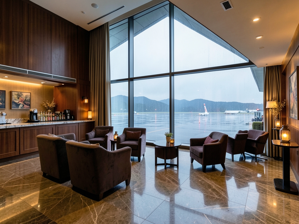 Premium airport lounge overlooking rain darkened tarmac polished stone