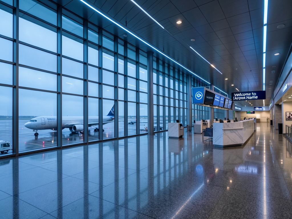 Modern glass and steel airport terminal interior dusk polished floors