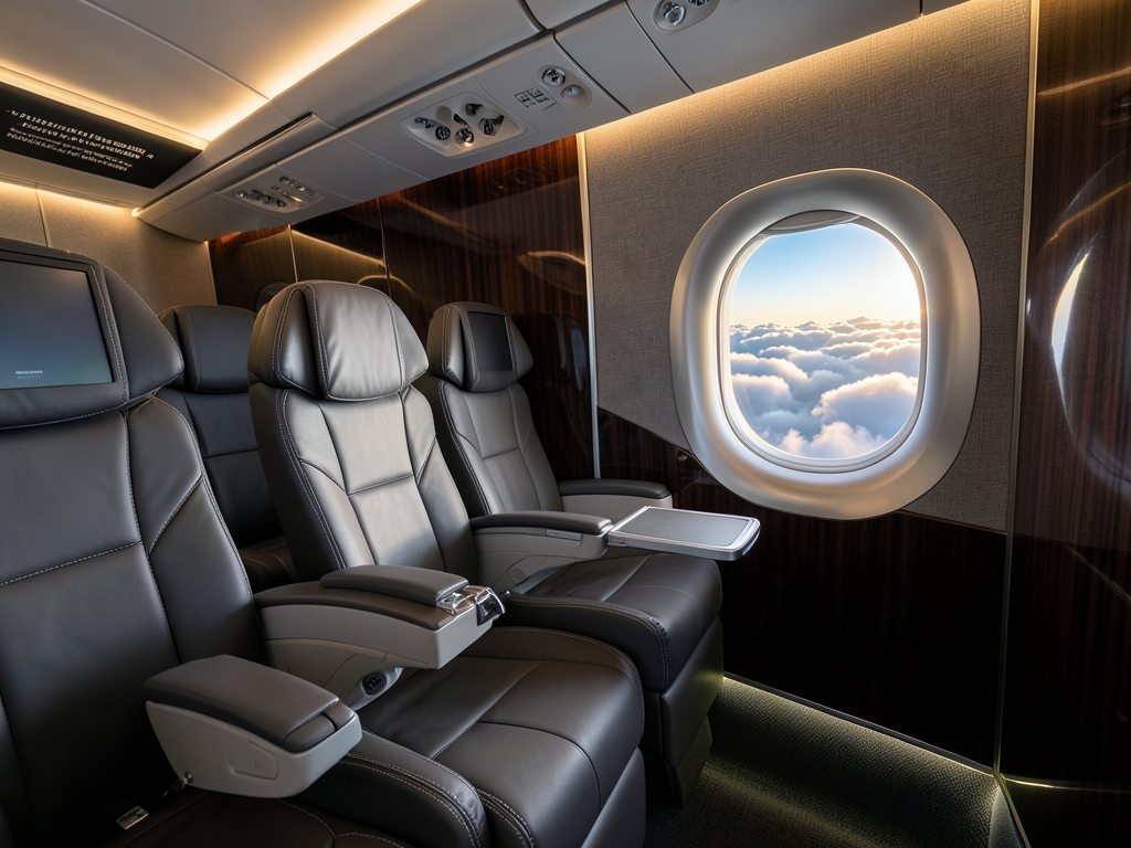 Business class airplane cabin interior wide leather seats warm