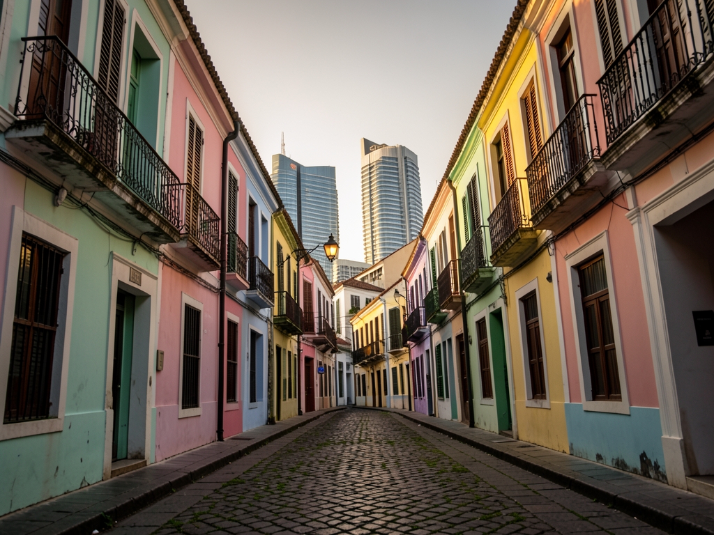 Historic Macao street with pastel colonial buildings distant