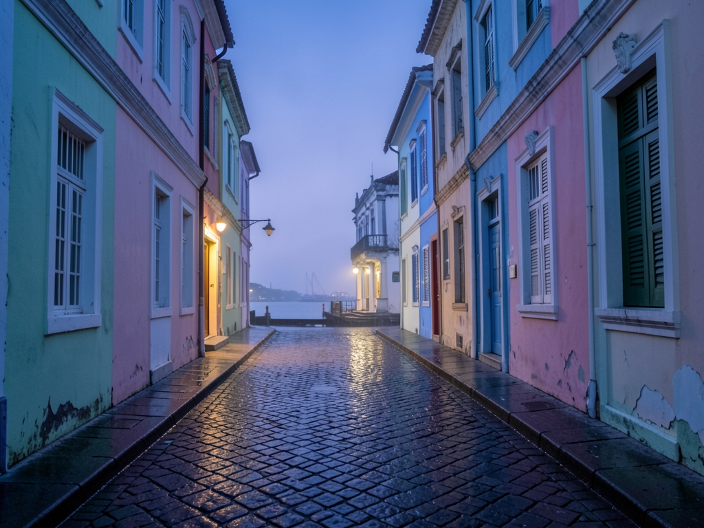 quiet cobblestone lane Macao leading past pastel colonial