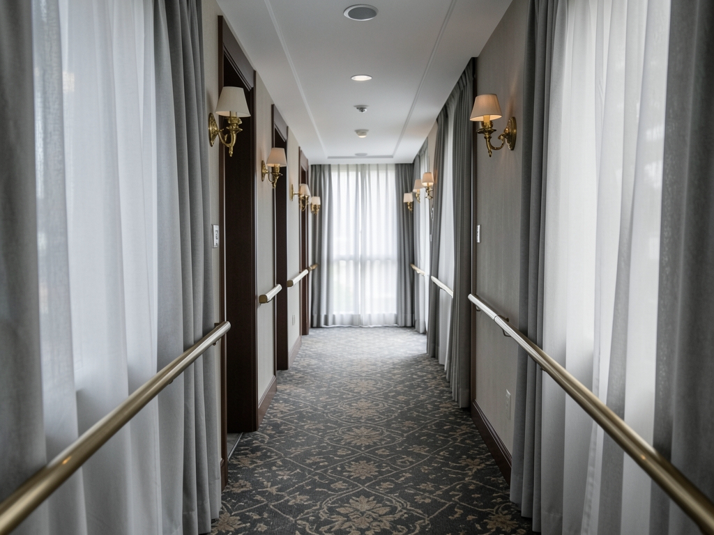 quiet Macao hotel corridor early morning soft gray