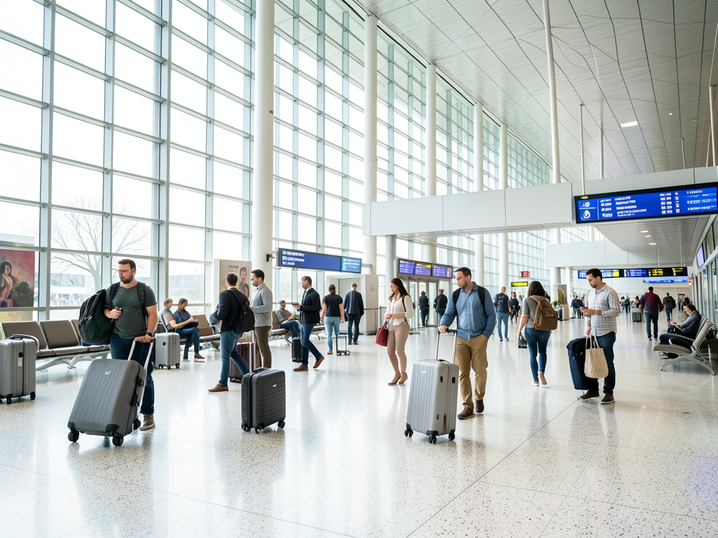 Modern airport concourse with tall glass windows soft