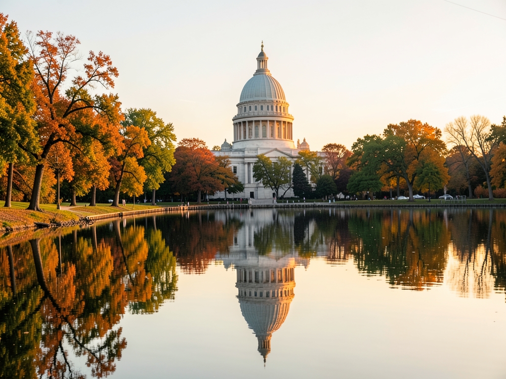 Golden hour Madison lakeshore with limestone capitol dome