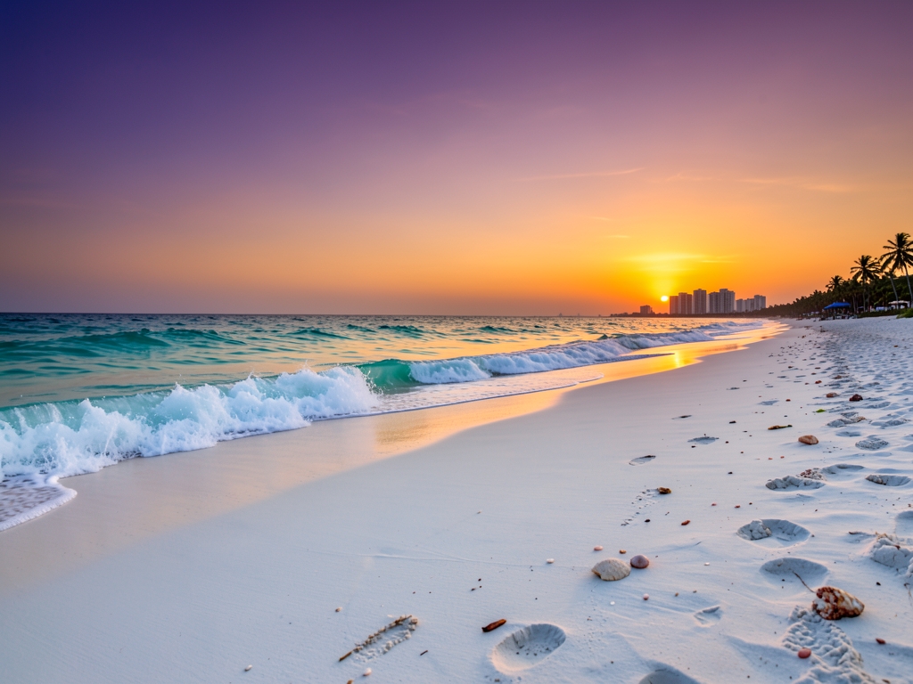 wide angle view Miami coastline dusk shows turquoise waves