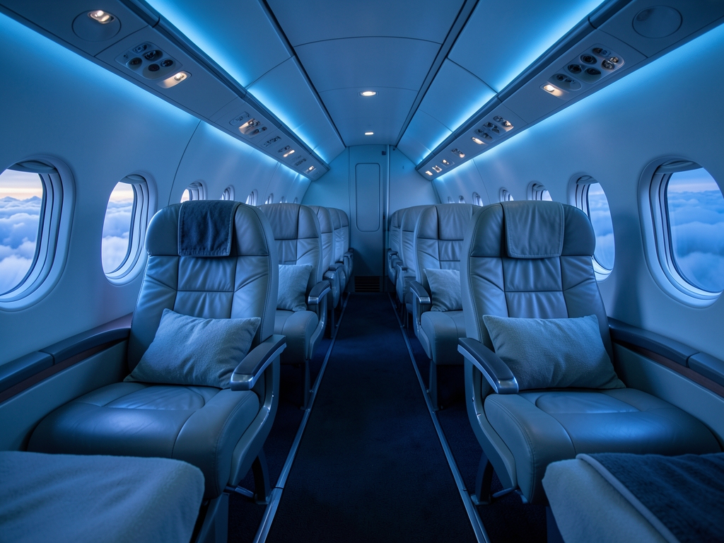 Wide airplane cabin interior dusk with lie flat seats