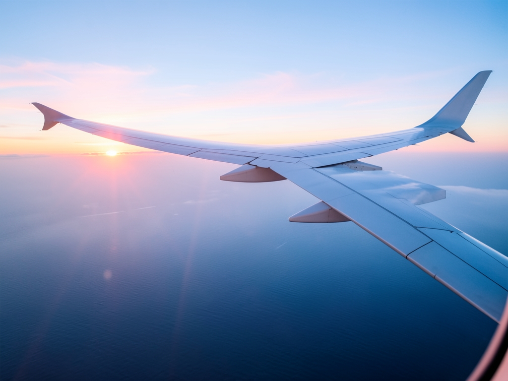 Aerial scene transatlantic flight above ocean sunrise sleek