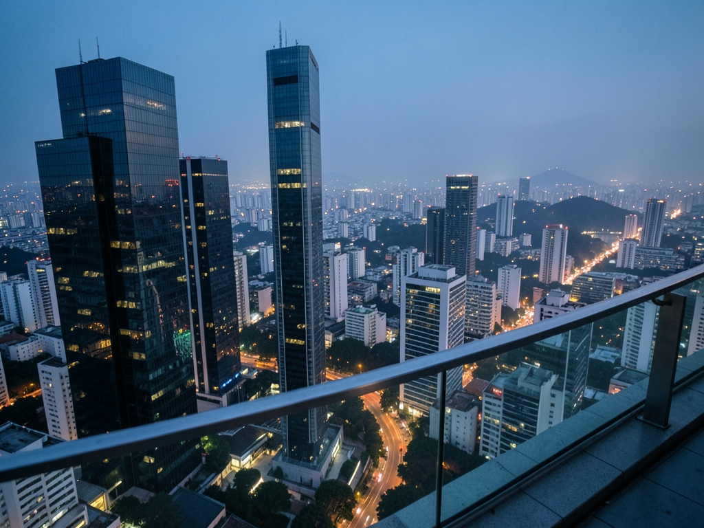Paulo skyline twilight seen from high rise terrace glass