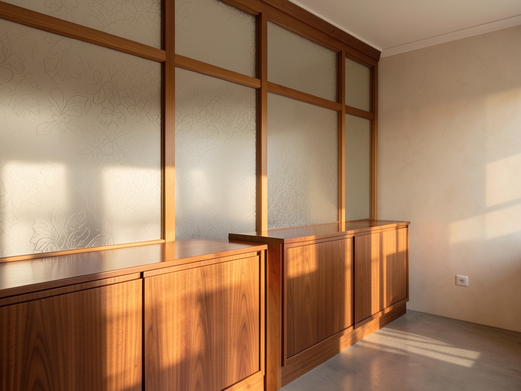 Quiet travel agency interior with walnut counters frosted