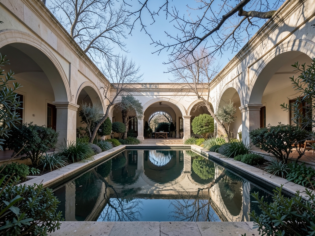 terraced Mediterranean garden courtyard with still reflecting pool