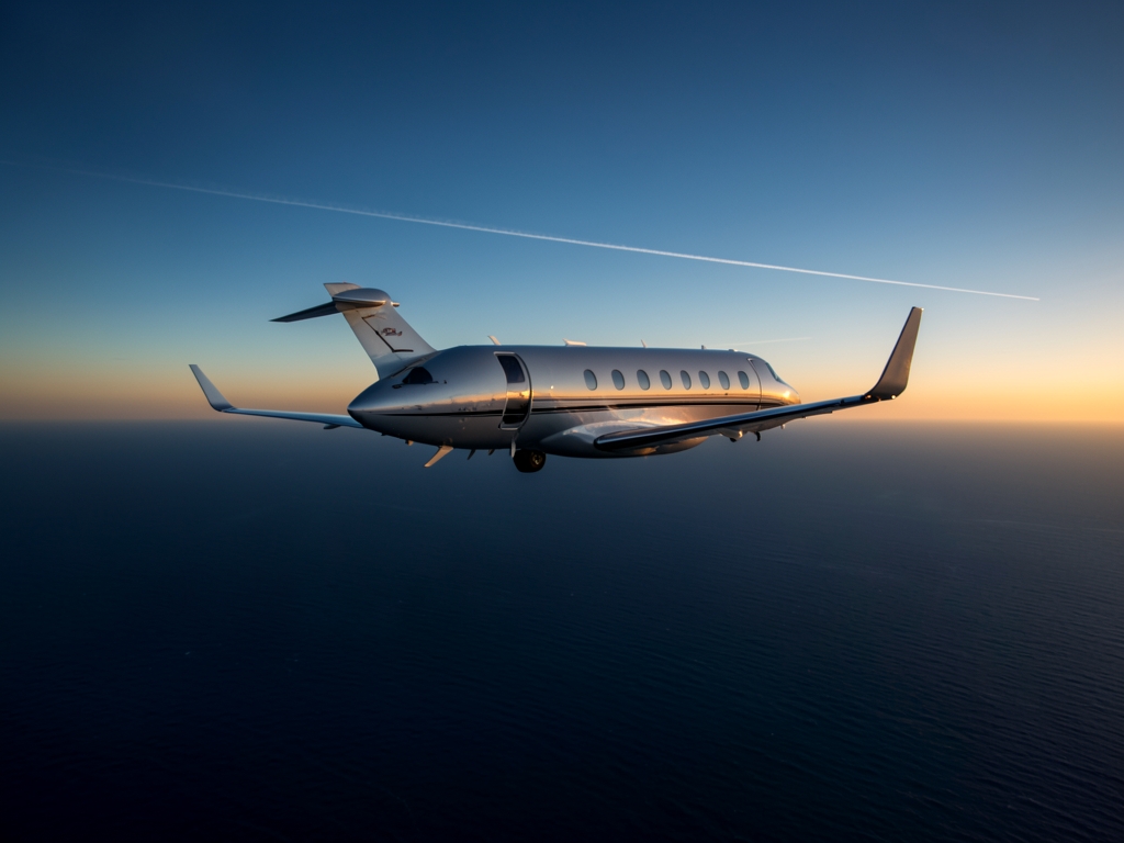 private cruising high above dark Atlantic Ocean dusk