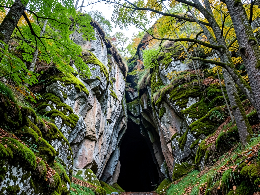 Limestone cave entrance framed mossy cliffs hardwood trees