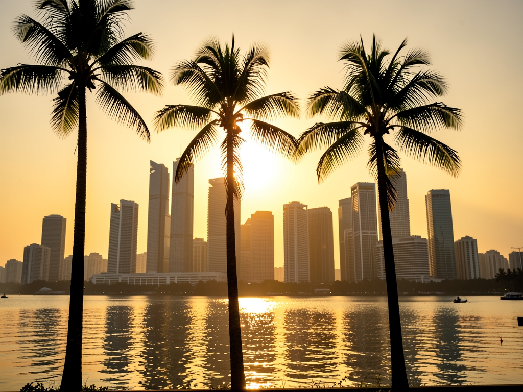 Golden sunset over Manila with modern city skyline