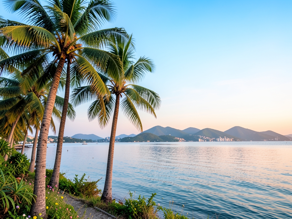 Tropical Manila shoreline soft dawn with palm trees