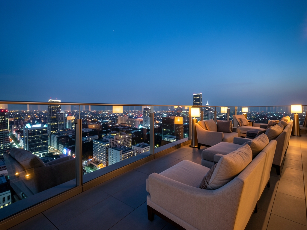 Evening city hotel rooftop terrace with glass railing
